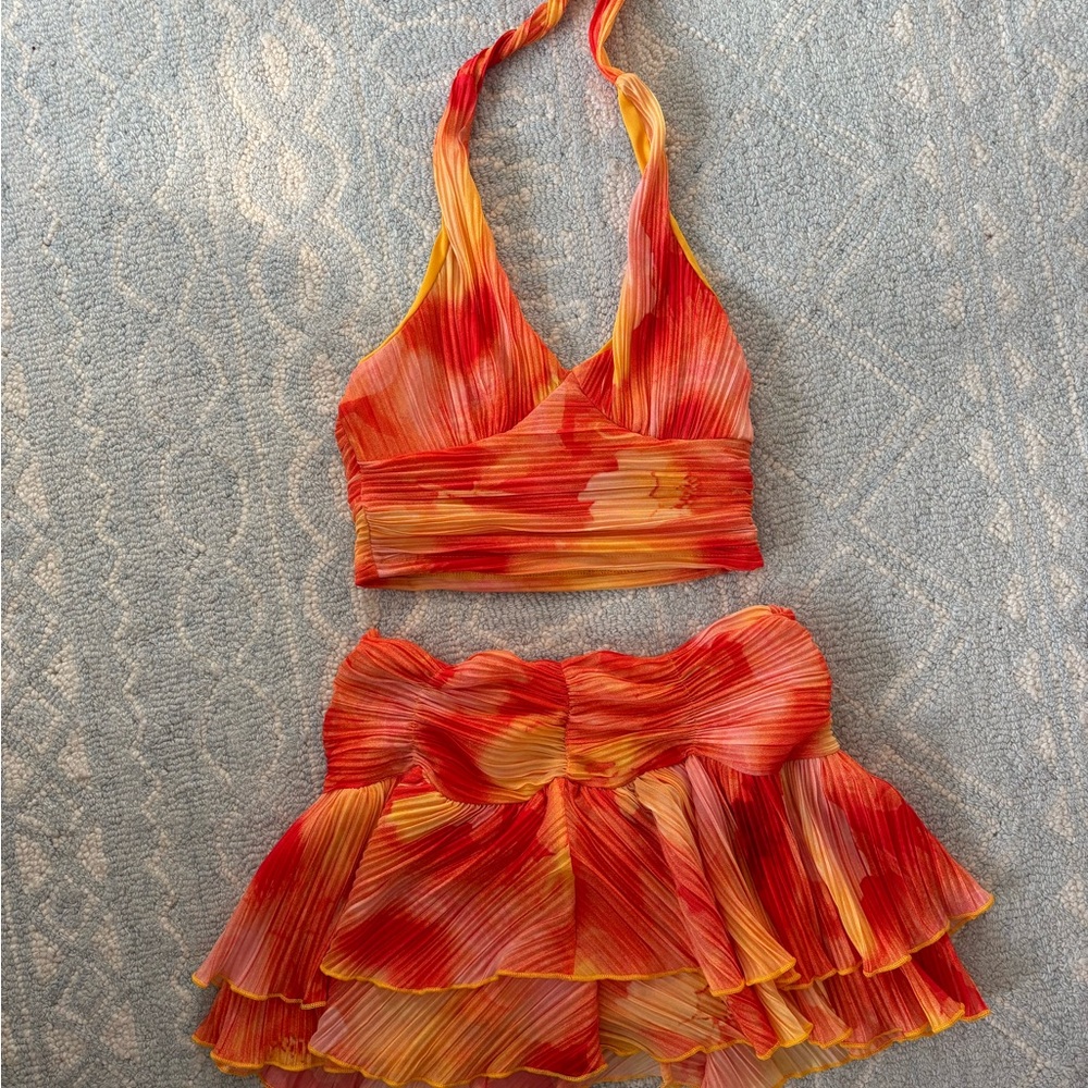 Vibrant Red and Orange Halter Top and Skirt Set